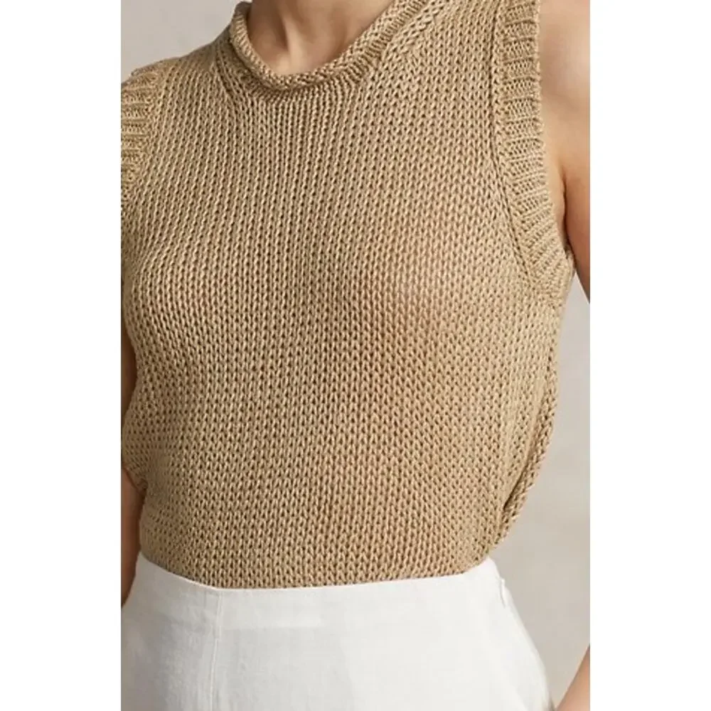 Polo Ralph Lauren Linen Cotton Tan Knit Sleeveless Crewneck Sweater Vest Size L